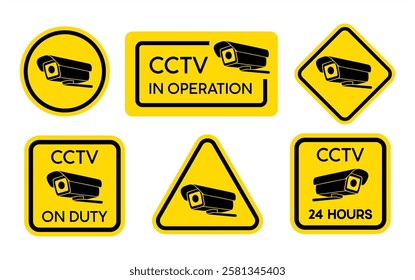 CCTV signage vector set. CCTV yellow background signage.