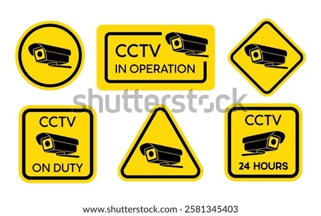 CCTV signage vector set. CCTV yellow background signage.