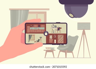 CCTV, smartphone app for video surveillance. Closed circuit television equipment security and home protection. Hand holding phone with four rooms on screen. Vector flat style cartoon illustration