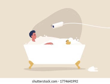 CCTV spying, online privacy violation, dangerous modern technologies and human rights, young male character taking a bath