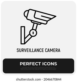 CCTV, icono de la línea delgada de la cámara de vigilancia. Seguridad, protección, sistema de control de vídeo. Ilustración vectorial moderna 