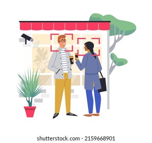 CCTV Surveillance People Talking In Front Of The Cafe Building, Flat Vector Illustration Isolated On White Background. Security Video Camera For City Street Protection From Crime. Public CCTV Concept.