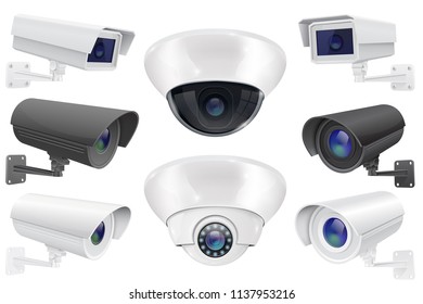 CCTV surveillance system. Collection of security camera. Vector 3d illustration isolated on white background