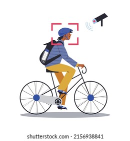 CCTV or surveillance video camera filming man driving bicycle, flat vector illustration isolated on white background. Character caught on closed-circuit television. Safety and security concepts.