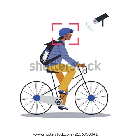 CCTV or surveillance video camera filming man driving bicycle, flat vector illustration isolated on white background. Character caught on closed-circuit television. Safety and security concepts.