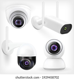 Cctv-Systeme. Sicherheitskameras zeichnen sich durch elektronische Smart-Technologien aus, die anständige Vektorgrafik-realistisches Set enthalten