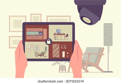 CCTV, tablet app for video surveillance. Closed circuit television equipment security and home protection. Hand holding computer with four rooms on screen. Vector flat style cartoon illustration