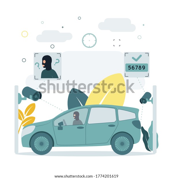 CCTV. A\
vector illustration of a CCTV camera captures a criminal in a car,\
does not recognize a person face in a mask, recognizes car numbers.\
A CCTV camera captures a person in a\
car