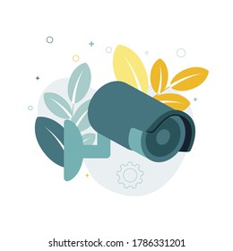 CCTV. Vector illustration of a cctv camera, on the background of leaves, gear