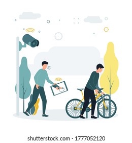 CCTV. Vector illustration a man steals a bicycle, a surveillance camera takes it and transfers data to a person on a tablet who sees it and tries to prevent a crime.