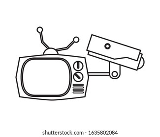 cctv video camera with tv retro vector illustration design