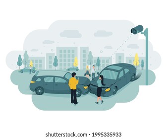 CCTV. Video surveillance. Remote access. Street cctv camera recorded a car crush. Car drivers are making phone calls. People are watching what is happening. Vector illustration. svg