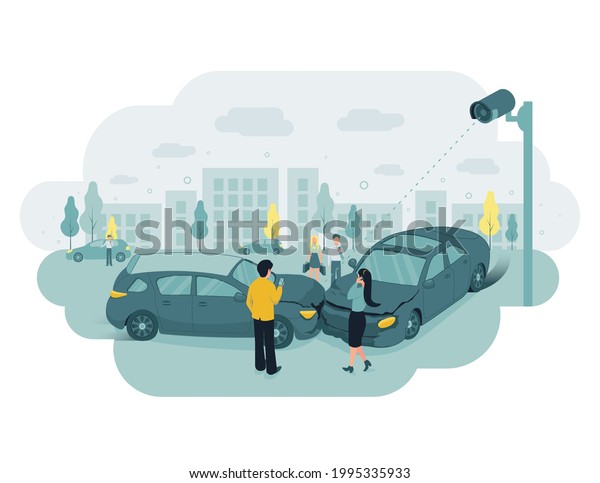 CCTV. Video\
surveillance. Remote access. Street cctv camera recorded a car\
crush. Car drivers are making phone calls. People are watching what\
is happening. Vector\
illustration.