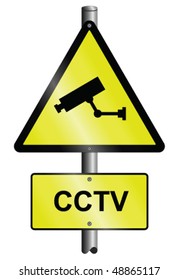 CCTV warning graphic and text signs mounted on post