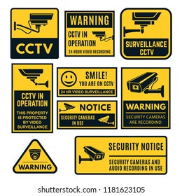 CCTV warning sign set, video system control. Emblem to indicate and warn of the presence of closed circuit television systems. Vector flat style cartoon illustration isolated on white background