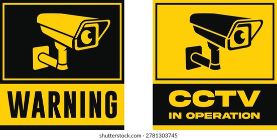 CCTV warning sign vector illustration. Security camera surveillance notice template. CCTV in operation poster. Black and yellow caution label isolated EPS design.