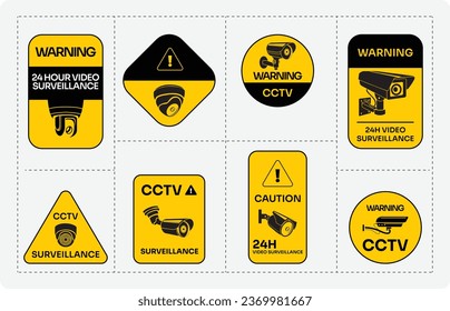 Cctv warning yellow black minimal line emblem set vector