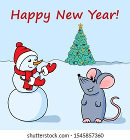 CCute, funny hand drawn Snowman, Mouse and Christmas tree. Bright New Year card.