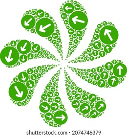 CCW rotation green arrow icon centrifugal burst flower fireworks shape. Turbine centrifugal explosion done from scattered CCW rotation green arrow items.