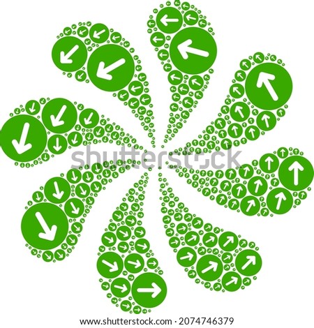 CCW rotation green arrow icon centrifugal burst flower fireworks shape. Turbine centrifugal explosion done from scattered CCW rotation green arrow items.