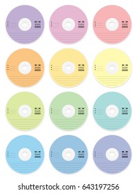 CD blanks - pastel colors set of twelve CDs or DVDs - external media data collection storage for music, films, photos, documents or any video and audio information - isolated vector on white.