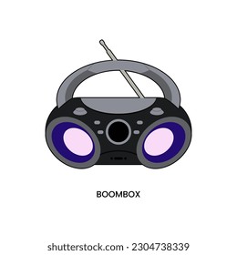 CD Boombox Portable in phantom black color, with Bluetooth, USB, MP3 Player, AM FM Radio, AUX, Headset Jack, and LED Backlit features. Simple color fill flat icon in trendy style vector illustration.