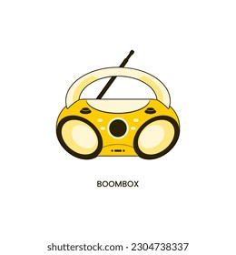 CD Boombox Portable in yellow, with Bluetooth, USB, MP3 Player, AM FM Radio, AUX, Headset Jack, and LED Backlit features. Simple color fill flat icon in trendy style vector illustration.