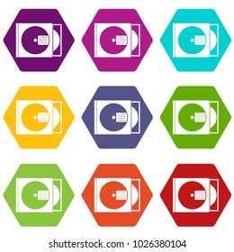 CD box with disc icon set many color hexahedron isolated on white vector illustration