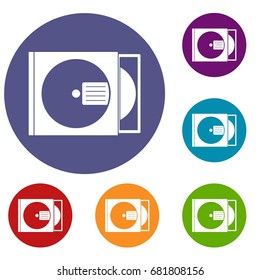 CD box with disc icons set in flat circle red, blue and green color for web