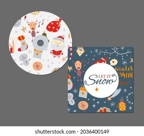 CD cover with Christmas design elements in doodle style. Christmas card. Vector