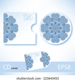CD cover design template with blue colour ukrainian ethnic style ornament for your business, paisley pattern