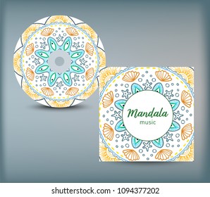 CD cover design template with floral mandala style. Arabic, indian, pakistan, asian motif. Vector illustration.