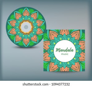 CD cover design template with floral mandala style. Arabic, indian, pakistan, asian motif. Vector illustration.