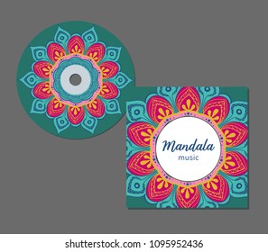 CD cover design template with floral mandala style. Arabic, indian, pakistan, asian motif. Vector illustration.