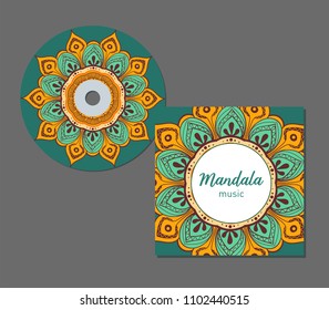 CD cover design template with floral mandala style. Arabic, indian, pakistan, asian motif. Vector illustration.