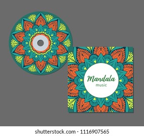 CD cover design template with floral mandala style. Arabic, indian, pakistan, asian motif. Vector illustration.