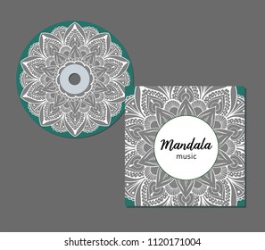 CD cover design template with floral mandala style. Arabic, indian, pakistan, asian motif. Vector illustration.