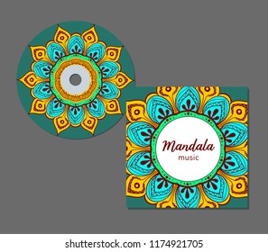 CD cover design template with floral mandala style. Arabic, indian, pakistan, asian motif. Vector illustration.