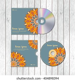 CD cover design template with floral mandala style. Arabic, indian, pakistan, asian motif. Vector illustration.