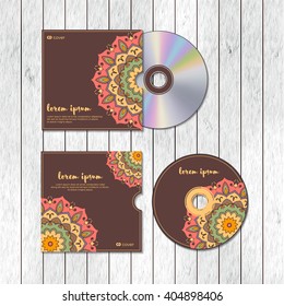 CD cover design template with floral mandala style. Arabic, indian, pakistan, asian motif. Vector illustration.