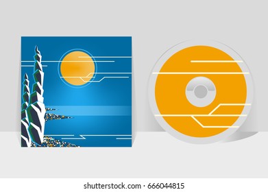 CD cover design template. Night coastal city illustration. Moon shining over sea shore and cypress trees