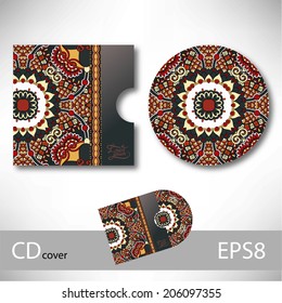 CD cover design template with ukrainian ethnic style ornament for your business, paisley pattern, vector illustration