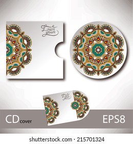 CD cover design template with ukrainian ethnic style ornament for your business, paisley pattern, vector illustration