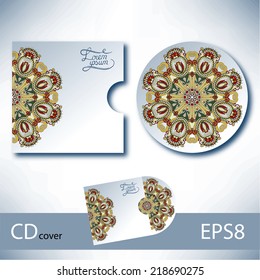 CD cover design template with ukrainian ethnic style ornament for your business, paisley pattern, vector illustration
