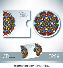 CD cover design template with ukrainian ethnic style ornament for your business, paisley pattern, vector illustration