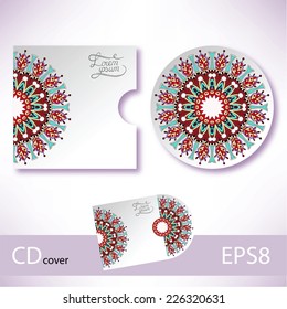 CD cover violet colour design template with ukrainian ethnic style ornament for your business, paisley pattern, vector illustration