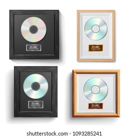 CD Disc Award Set Vector. Modern Ceremony. Best Seller. Musical Trophy. Realistic Frame, Album Disc, Brick Wall. Illustration