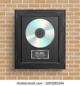 CD Disc Award Vector. Best Seller. Musical Trophy. Realistic Frame, Album Disc, Brick Wall. Illustration