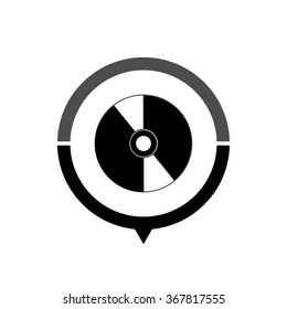 CD disc - black vector icon; map pointer;  message bubble