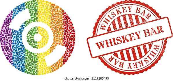 CD disc composition icon of round dots in various sizes and spectrum colored color tones. Red rounded rubber seal with Whiskey Bar text. A dotted LGBT- colored CD disc for lesbians, gays, bisexuals,